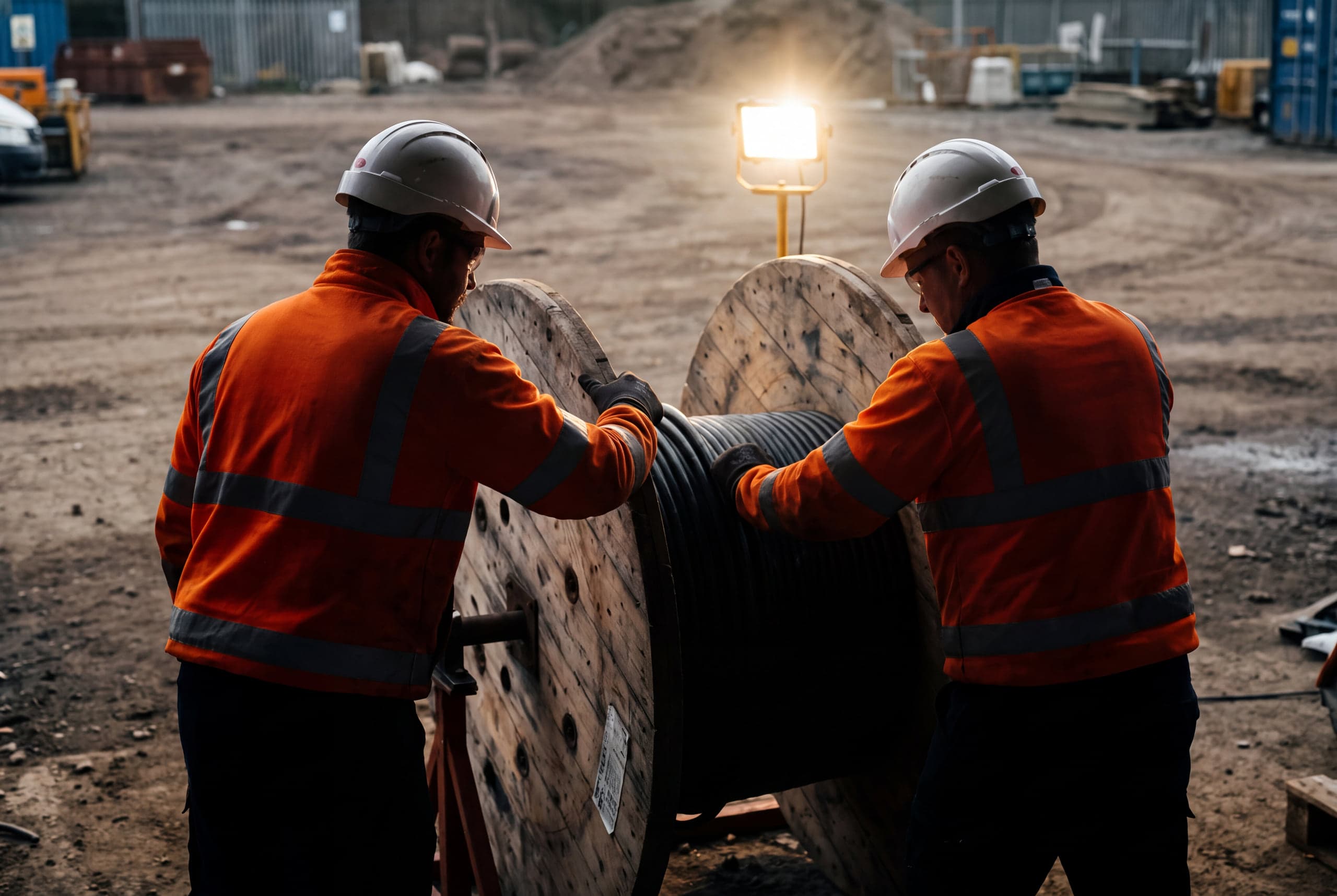 Zwei Techniker in orangefarbener Warnkleidung an einer Kabeltrommel auf einer Baustelle in der Dämmerung – Platzhalter