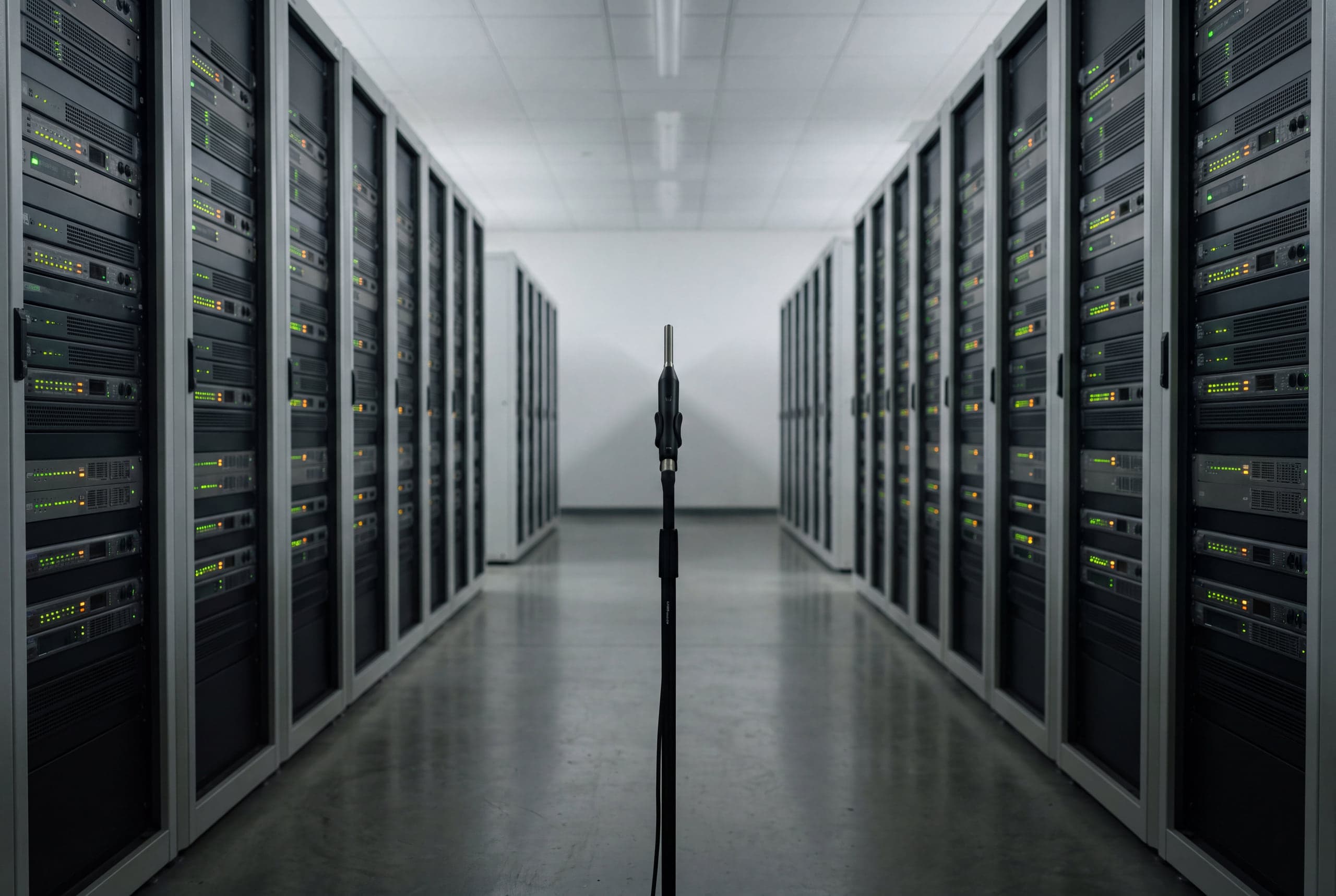 Technikraum mit Verstärkerracks und Messmikrofon im Vordergrund – Platzhalter